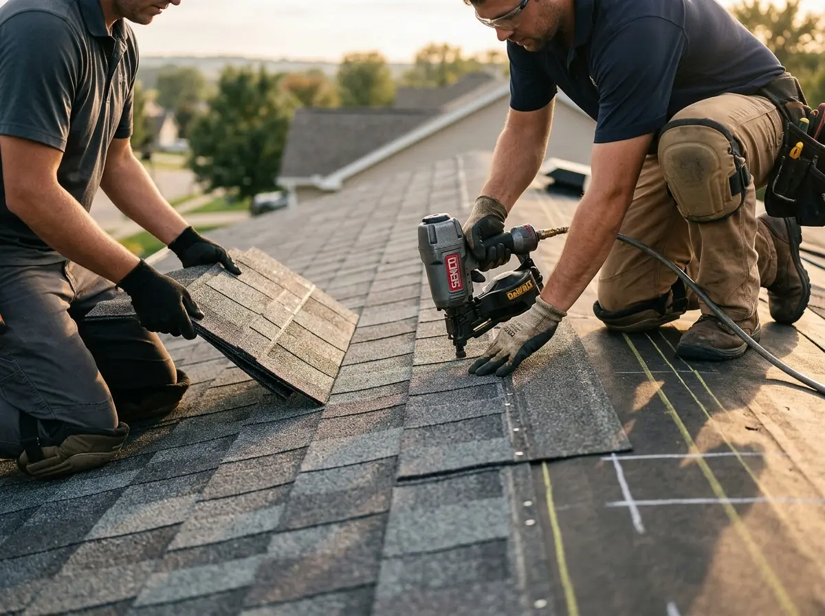 Professional roofer working on a residential roof in Perryville
